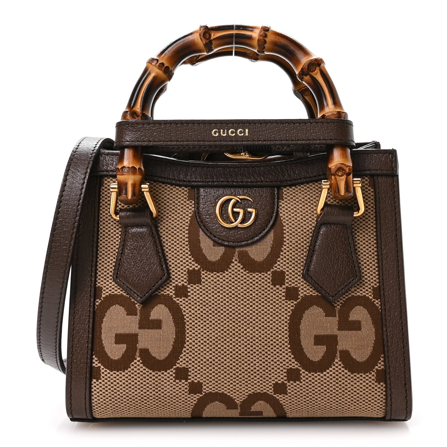 Gucci Monogram Jumbo GG Textured Dollar Calfskin Mini Diana Tote Bag Camel Ebony New Acero