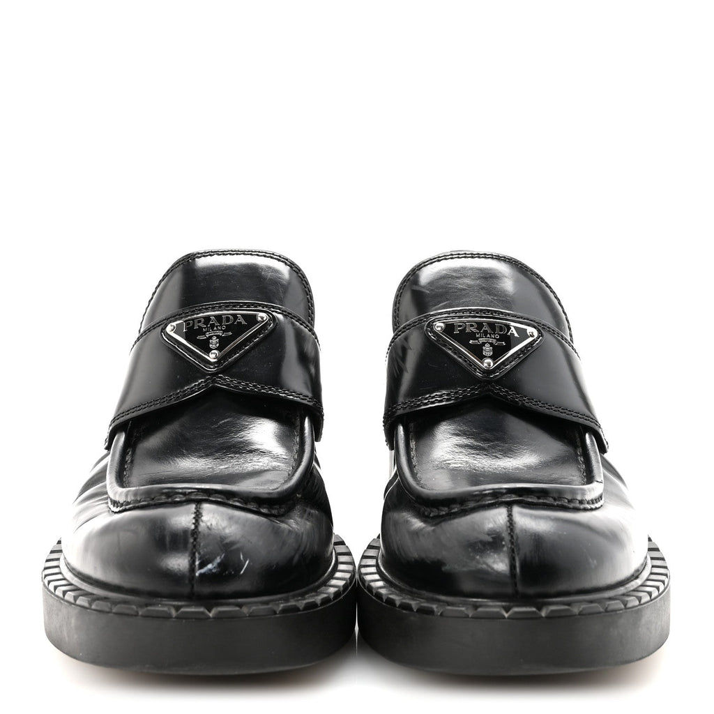 Prada Spazzolato Metal Triangle Logo 50mm Loafers 40 Black