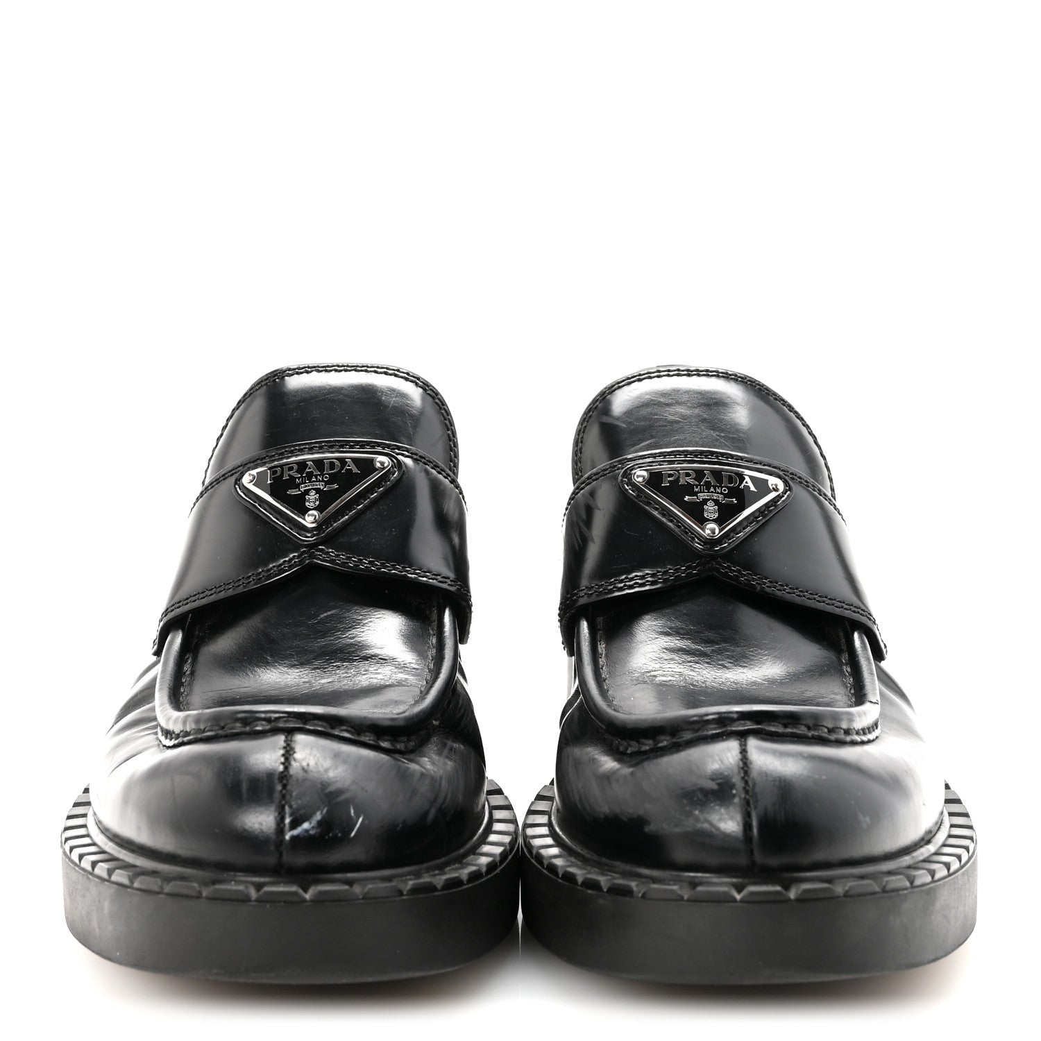 Prada Spazzolato Metal Triangle Logo 50mm Loafers 40 Black