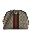 Gucci GG Supreme Monogram Textured Dollar Calfskin Web Small Ophidia Dome Shoulder Bag Beige Ebony New Acero