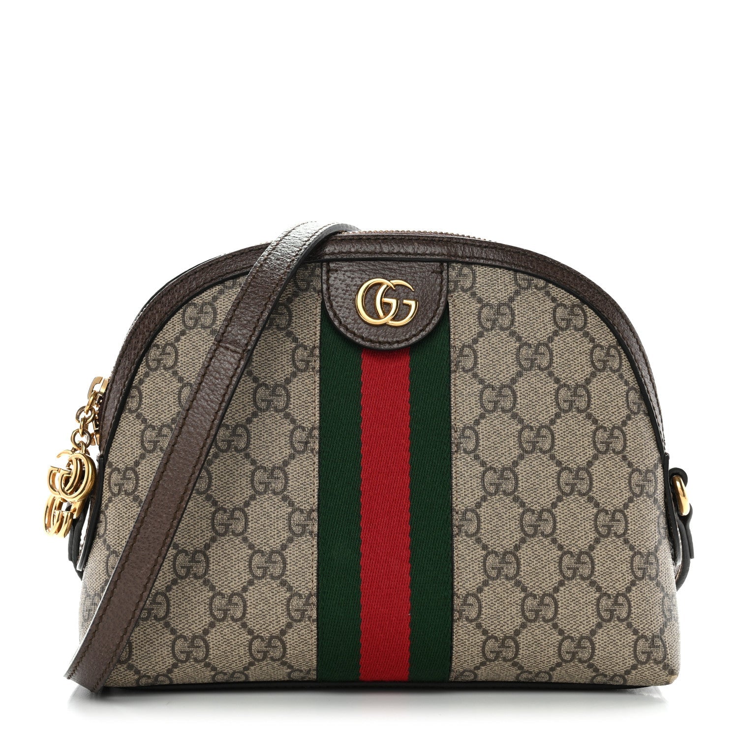 Gucci GG Supreme Monogram Textured Dollar Calfskin Web Small Ophidia Dome Shoulder Bag Beige Ebony New Acero