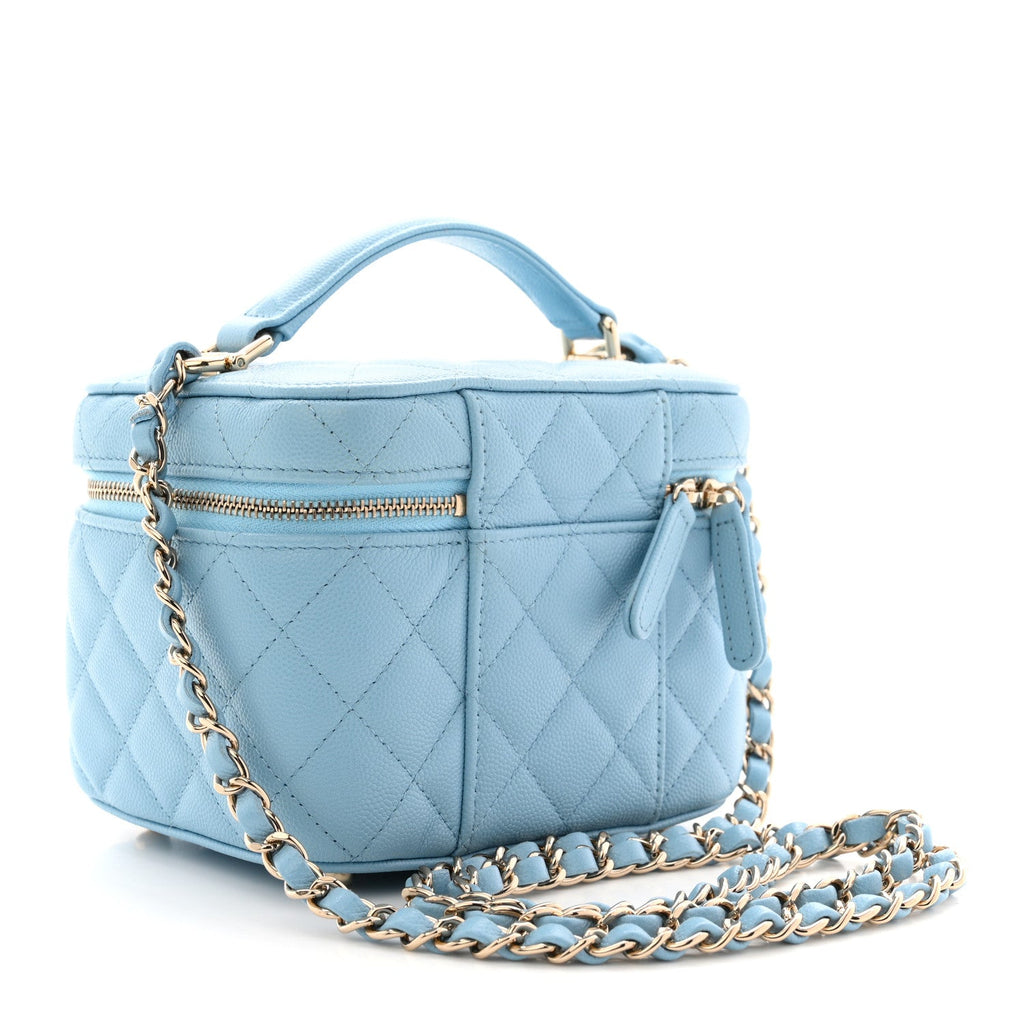 Chanel Caviar Quilted Top Handle Vanity Case With Chain Blue