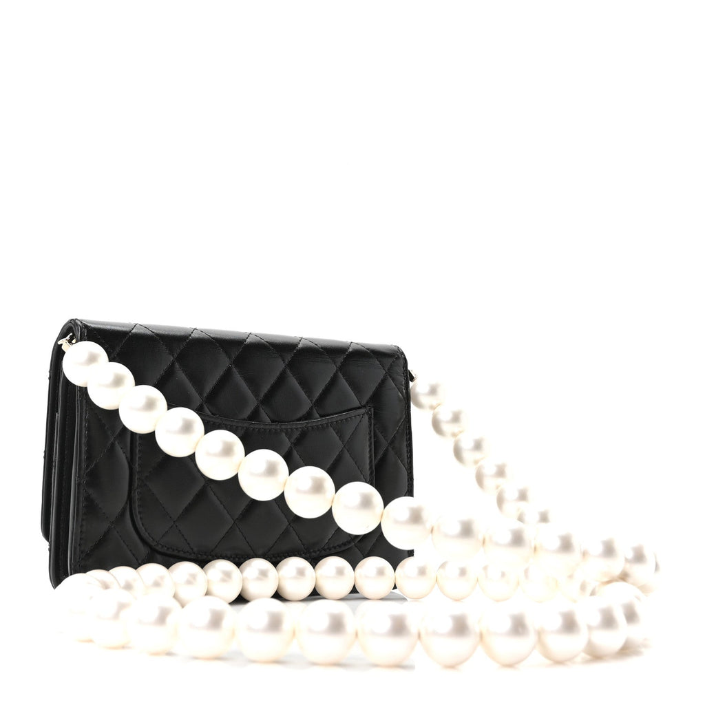 Chanel Calfskin Quilted Maxi Pearl Wallet On Chain WOC Black
