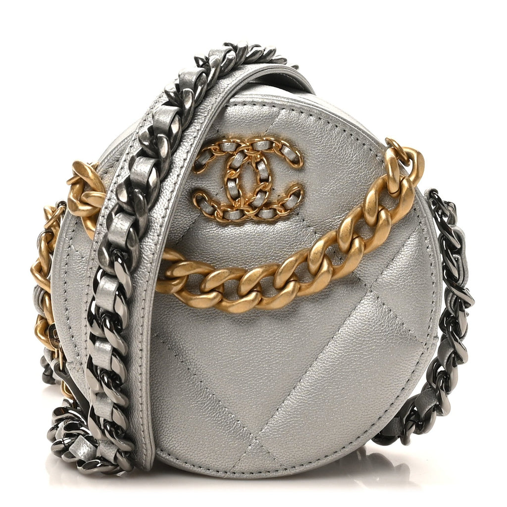Chanel Metallic Lambskin Quilted Chanel 19 Round Clutch With Chain Silver