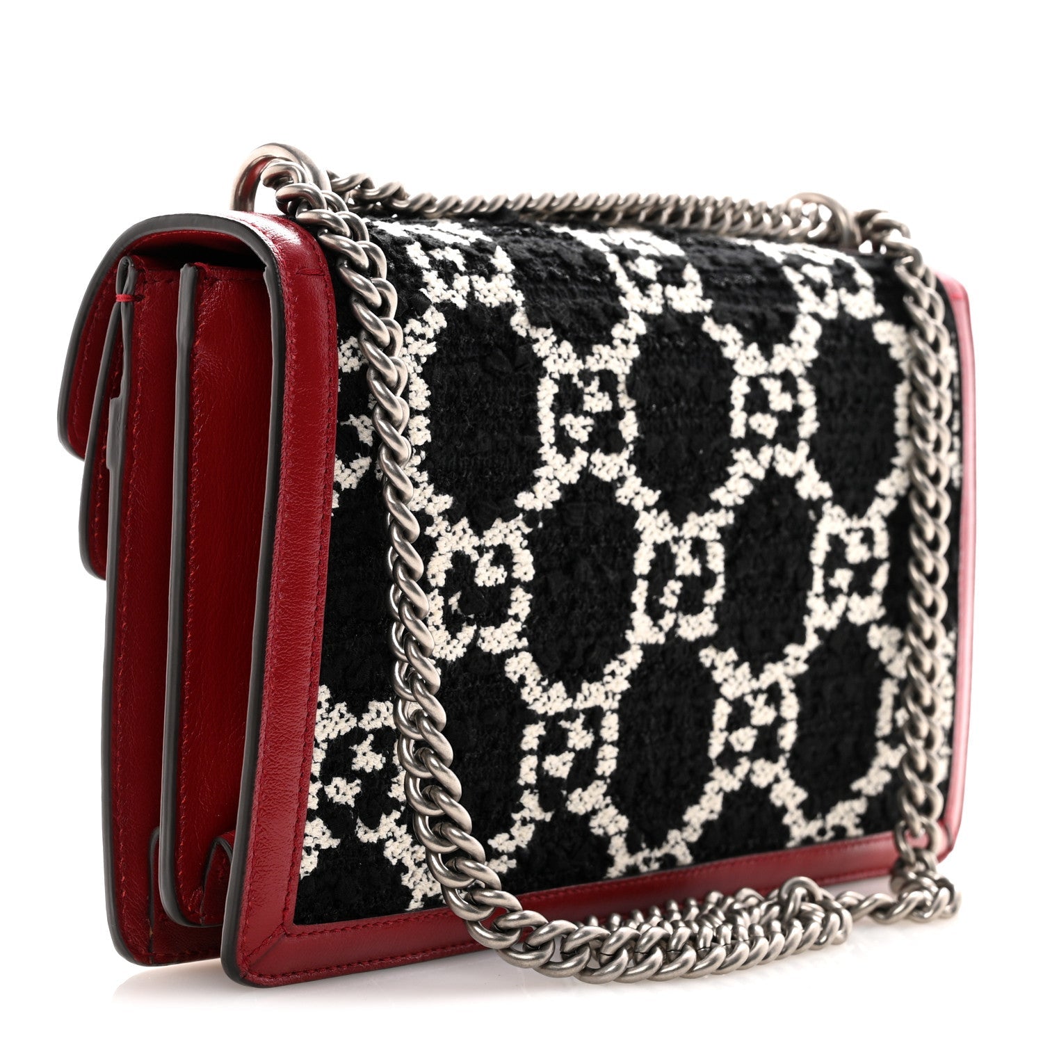 Gucci Tweed GG Monogram Small Dionysus Shoulder Bag Black White Romantic Cherry