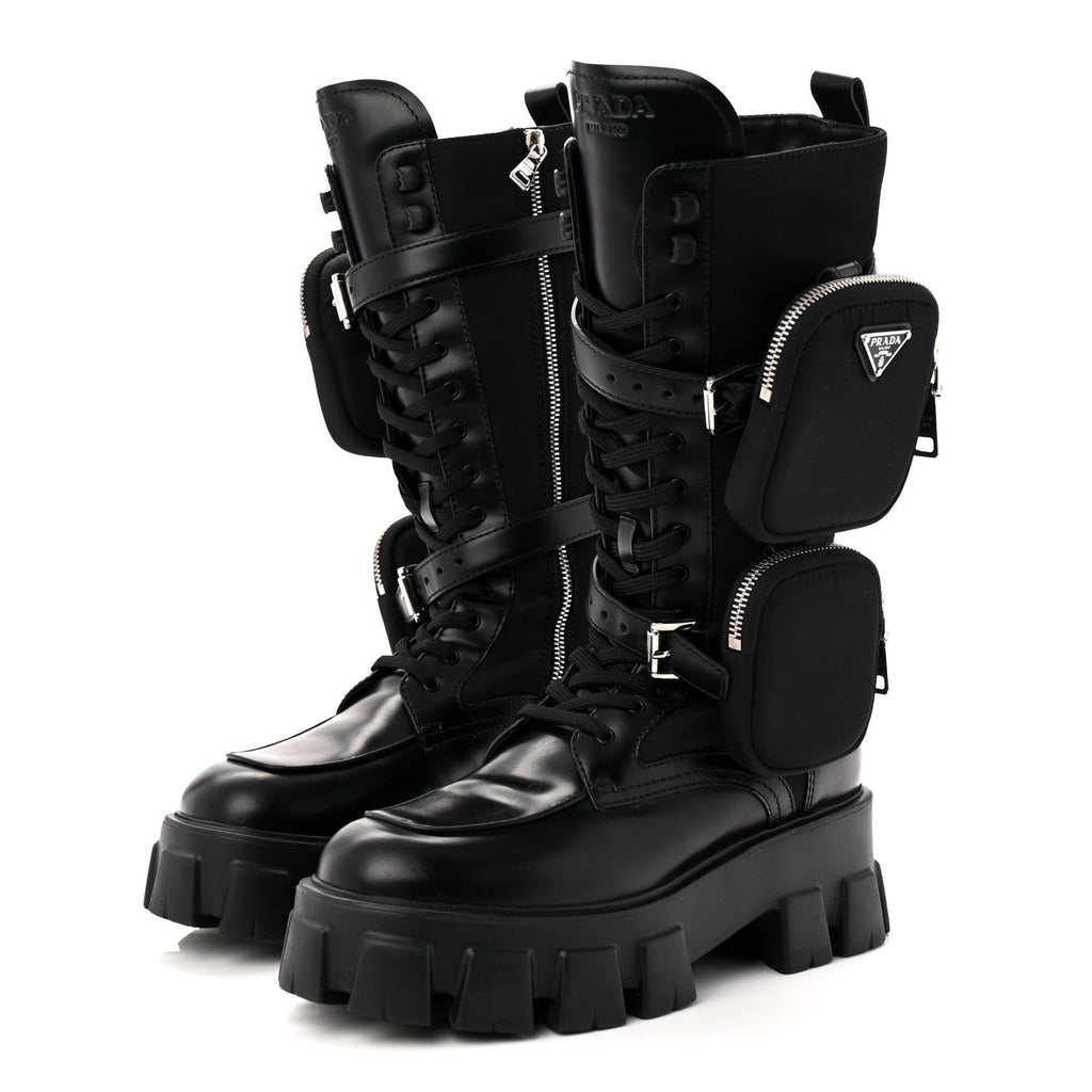 Prada Spazzolato Rois Re-Nylon Metal Triangle Logo Monolith Pouch Pocket 55mm Tall Combat Boots 39 Black