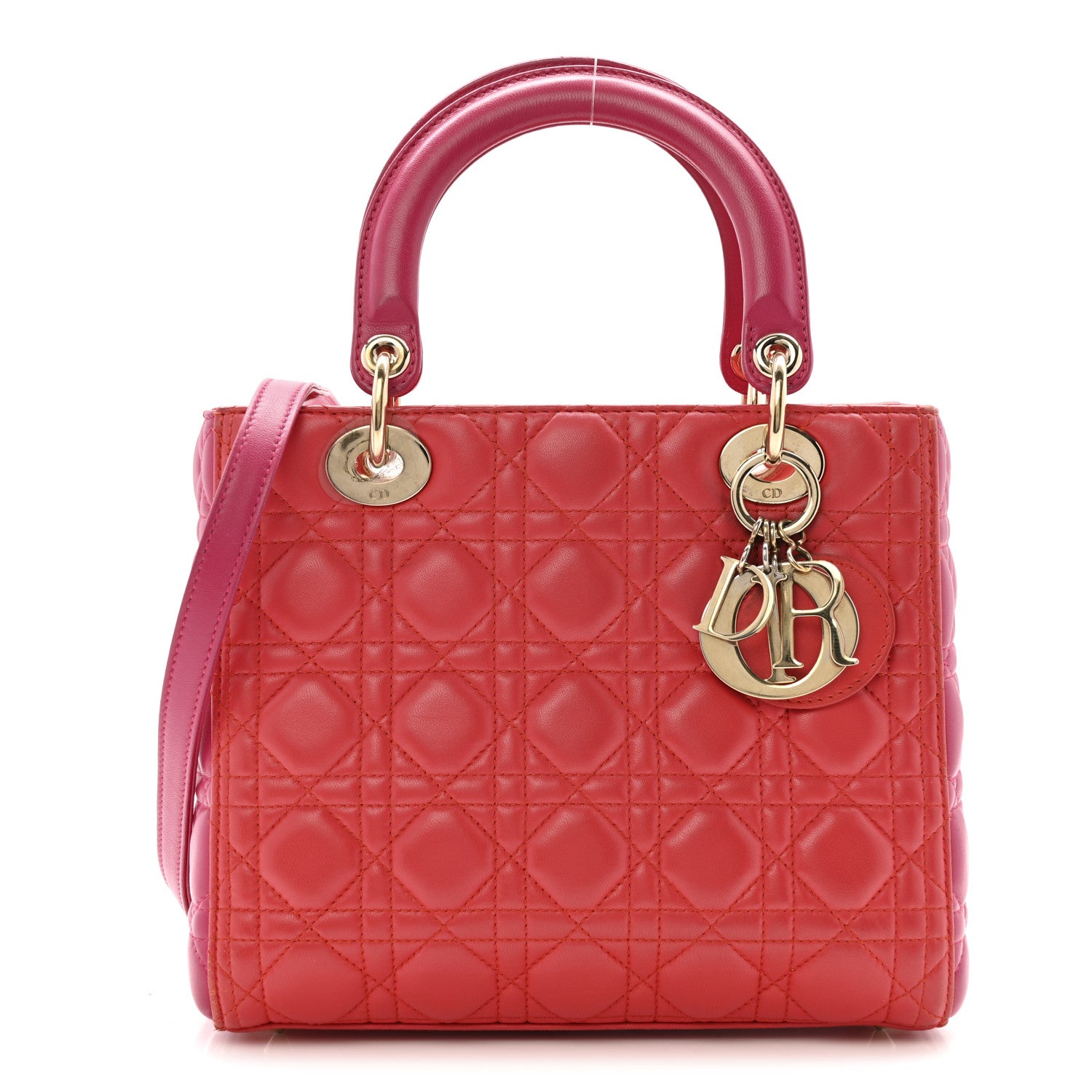 Christian Dior Lambskin Cannage Medium Bi-Color Lady Dior Orange Fuchsia