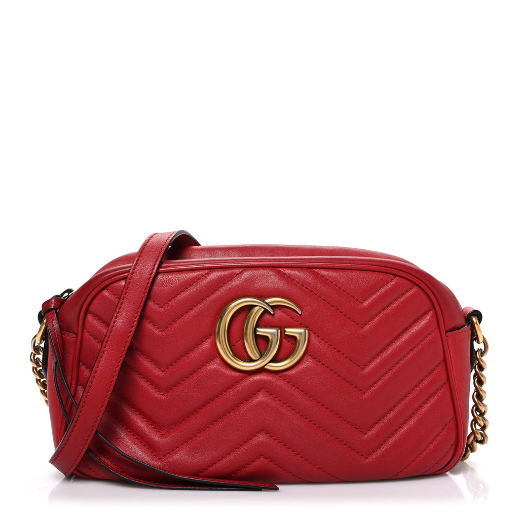 Gucci Calfskin Matelasse Small GG Marmont Chain Shoulder Bag Hibiscus Red