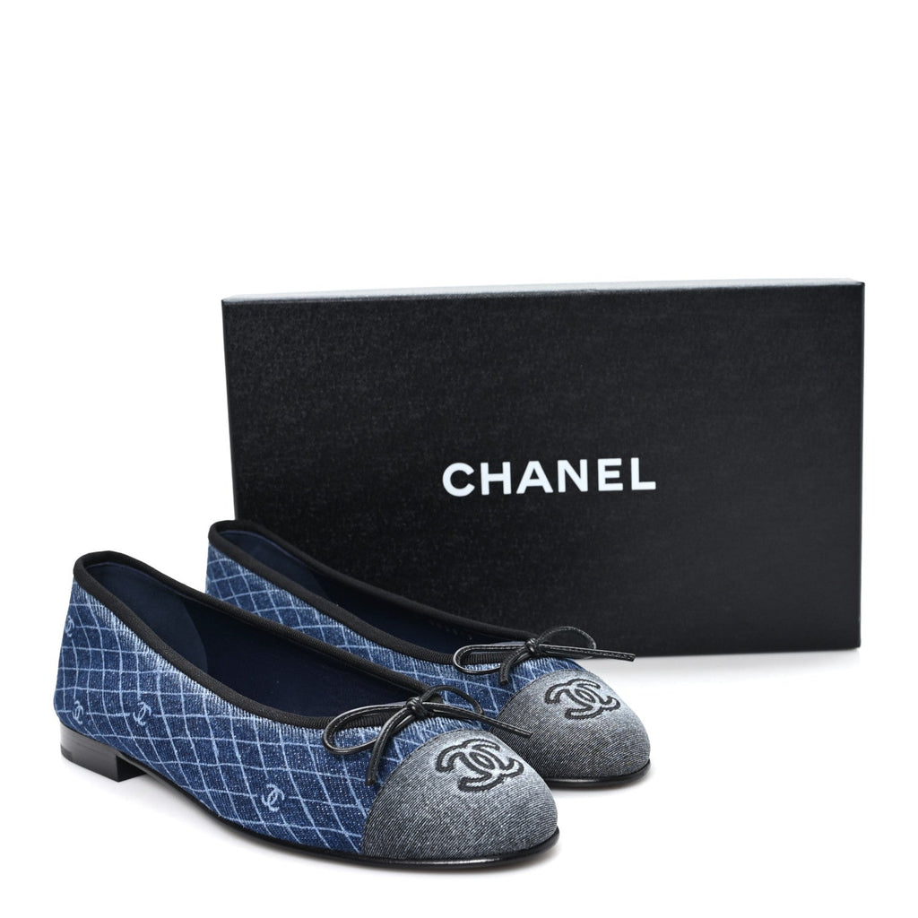 Denim Printed Quilt CC Cap Toe Ballerina Flats 37 Navy Blue Dark Grey