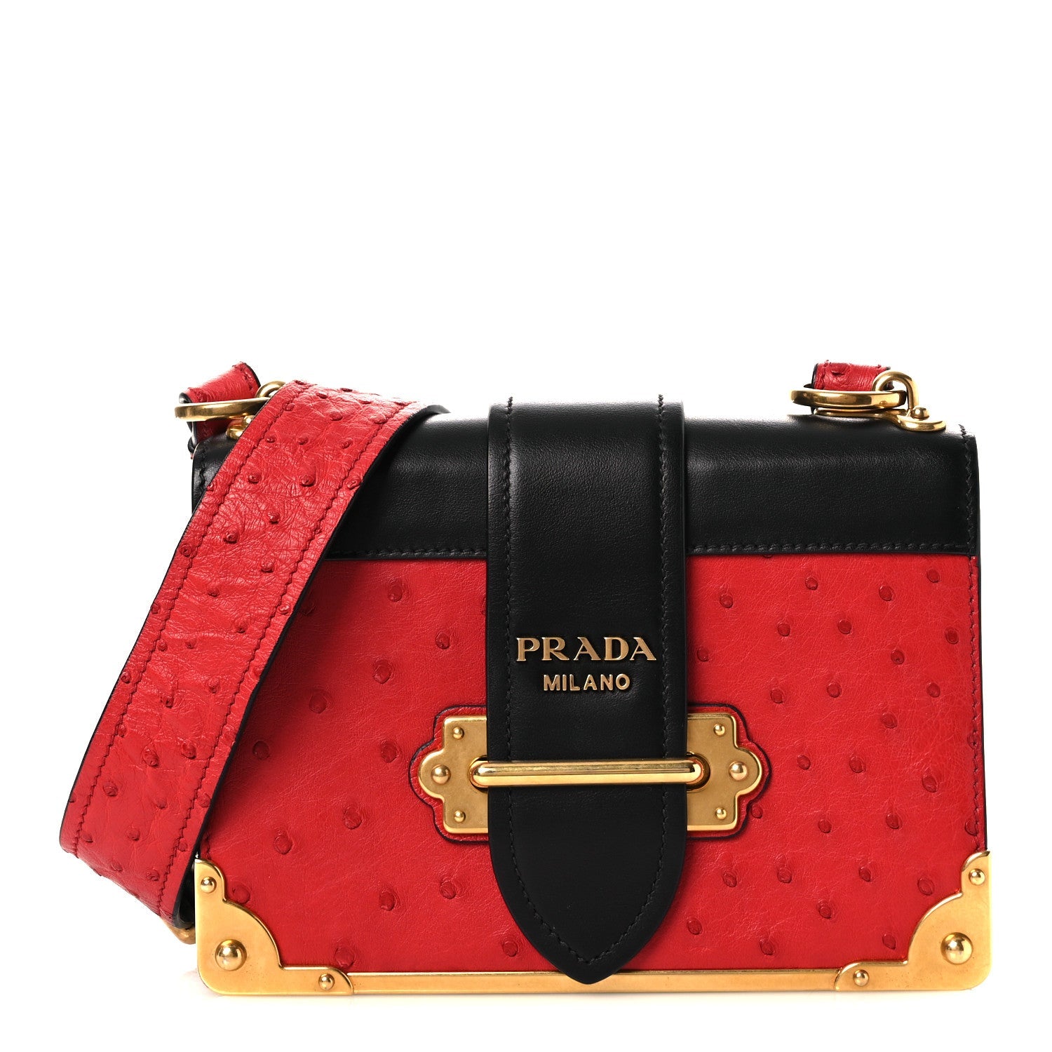 Prada City Calfskin Ostrich Cahier Bag Fuoco Black