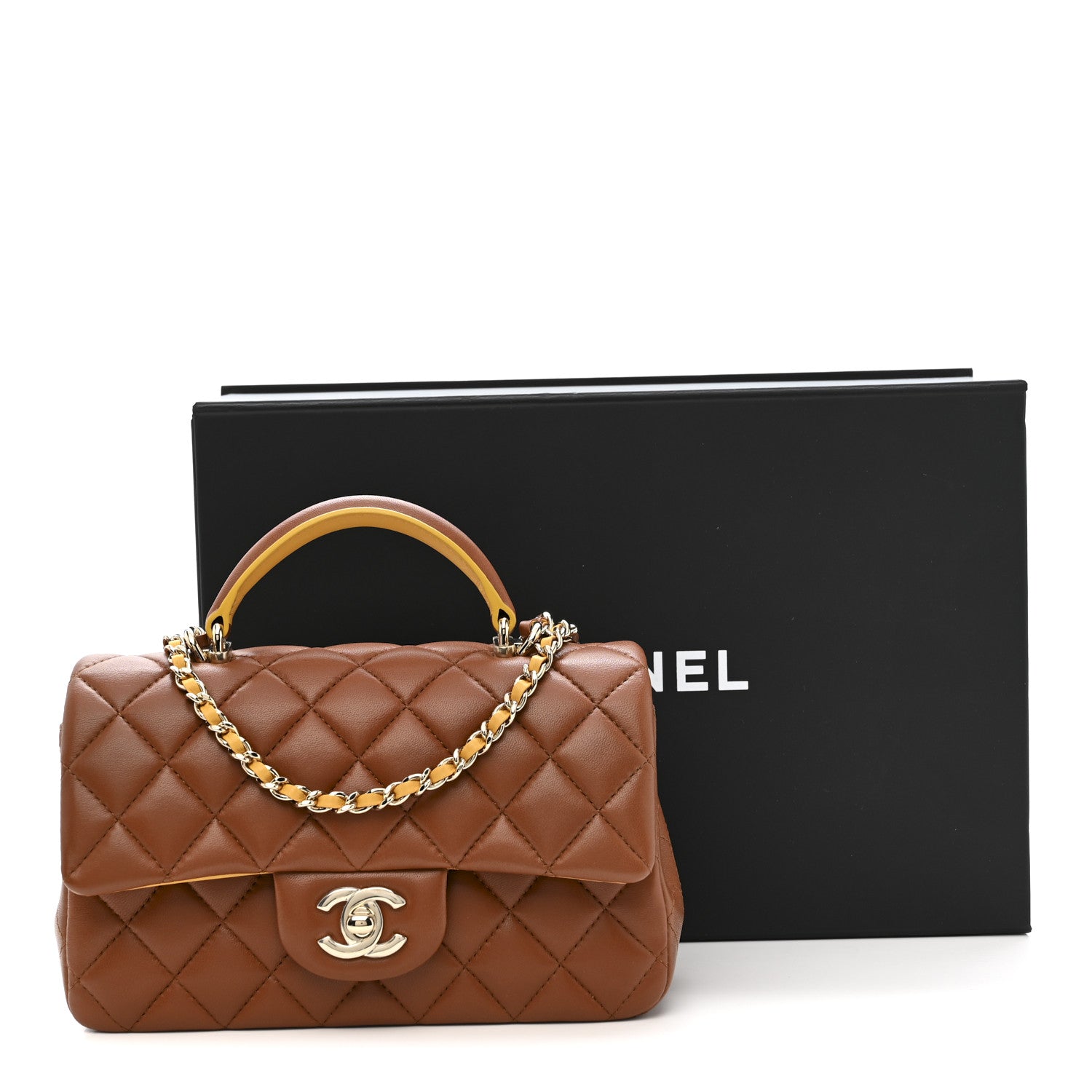 Chanel Lambskin Quilted Bi-Color Mini Top Handle Rectangular Flap Light Brown Yellow