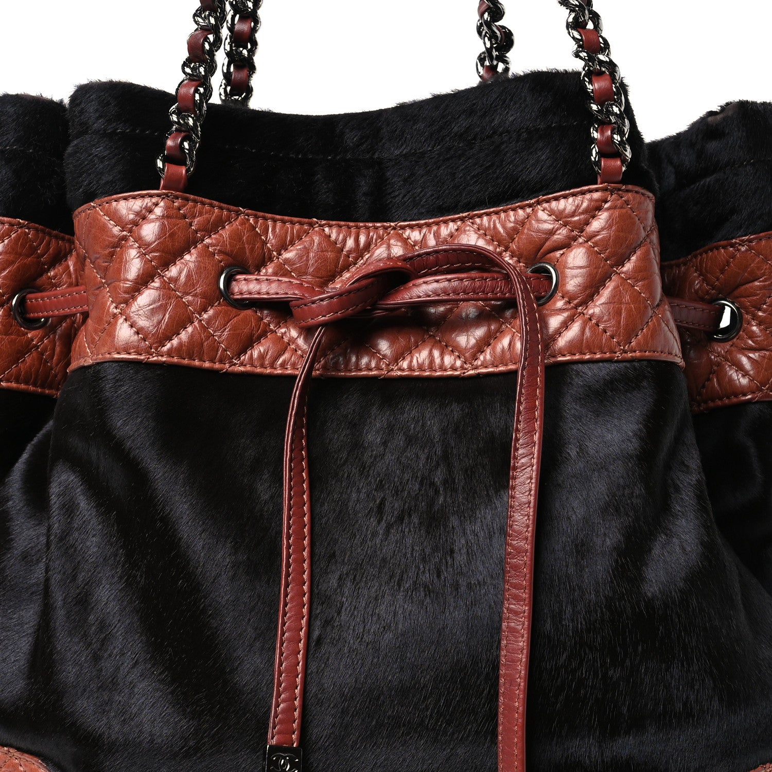 Chanel Aged Calfskin Pony Hair Quilted Miss Pony Drawstring Tote Brown