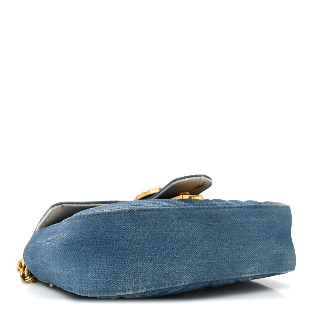 Gucci Denim Matelasse Mini Pearly GG Marmont Shoulder Bag Blue