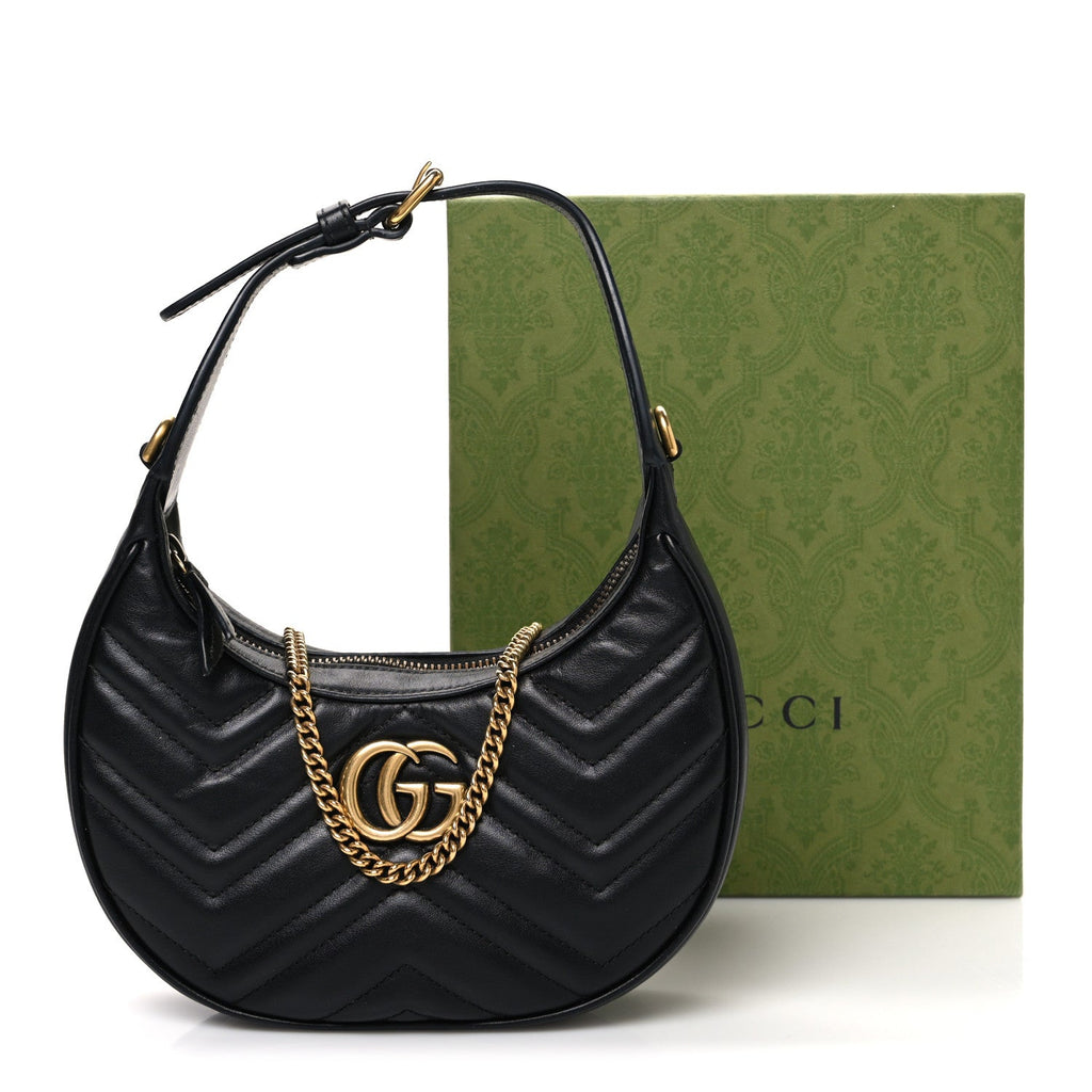Gucci Calfskin Matelasse Chevron Mini GG Marmont Half Moon Hobo Black