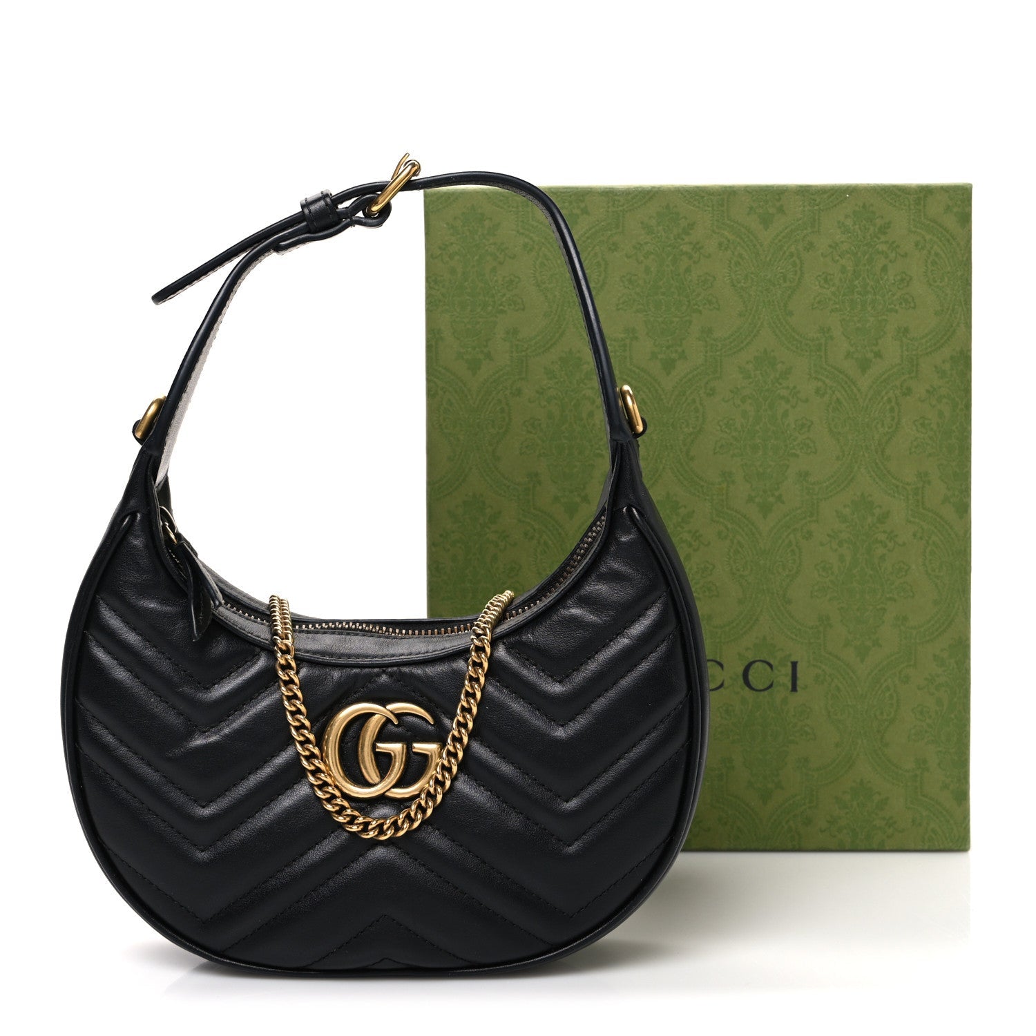 Gucci Calfskin Matelasse Chevron Mini GG Marmont Half Moon Hobo Black