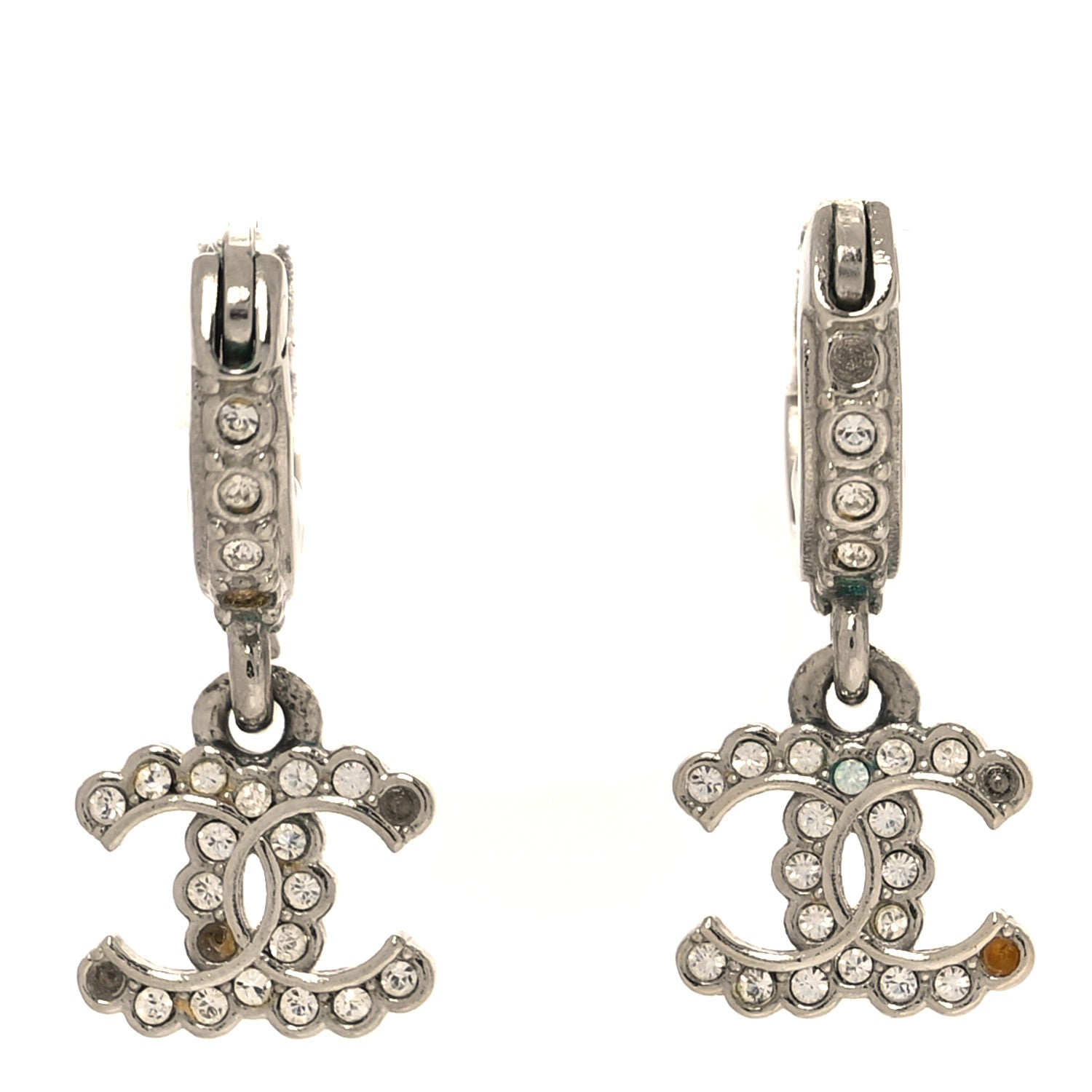 Metal Crystal CC Hoop Drop Earrings Silver