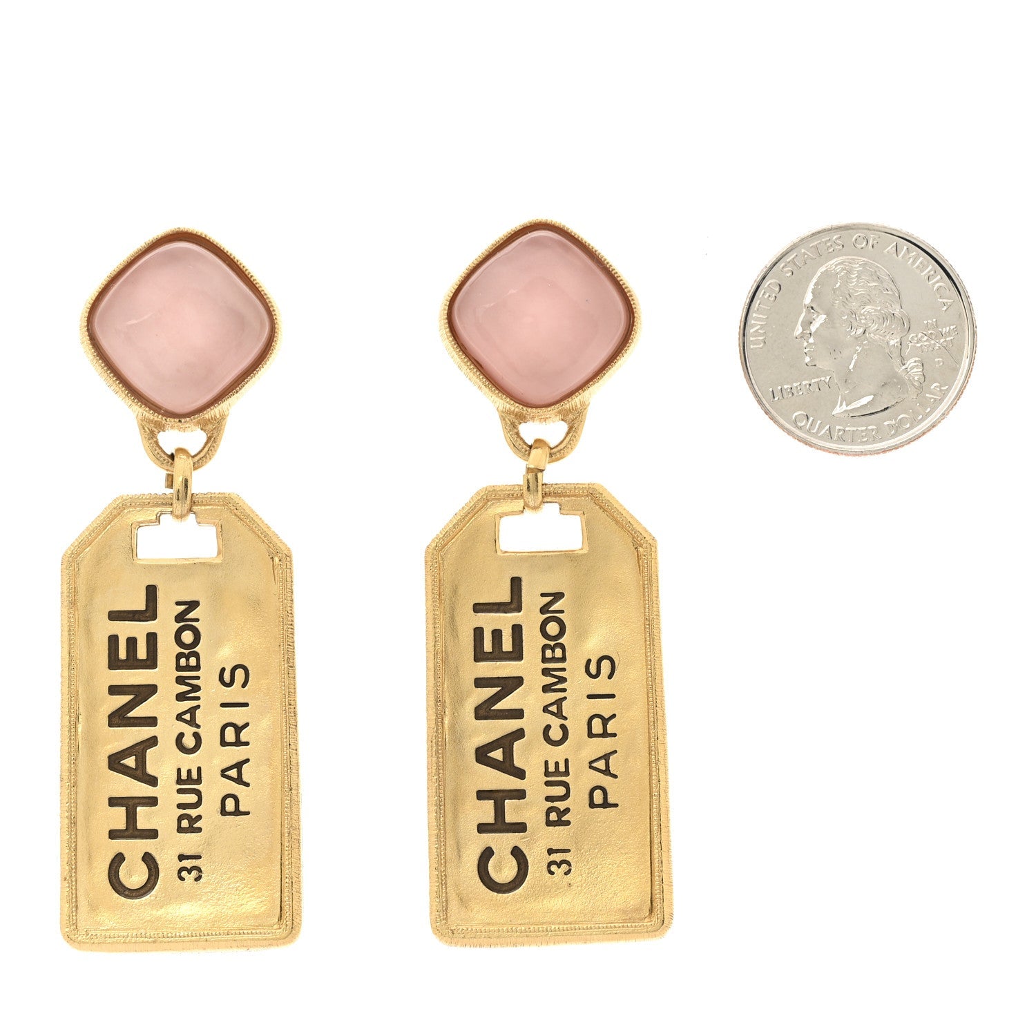 Metal CC Tags Drop Earrings Gold Pink
