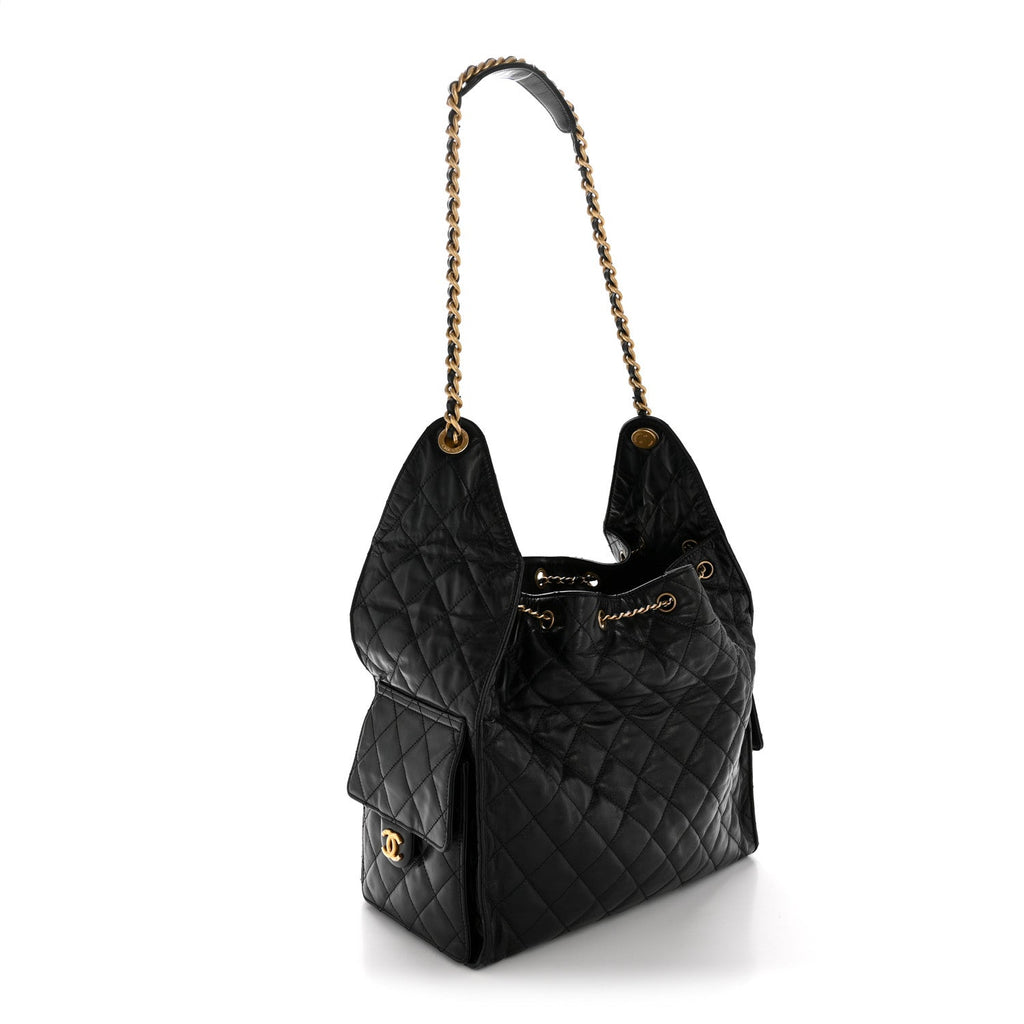 Chanel Shiny Crumpled Calfskin Quilted Medium Chanel 25 Handbag Black