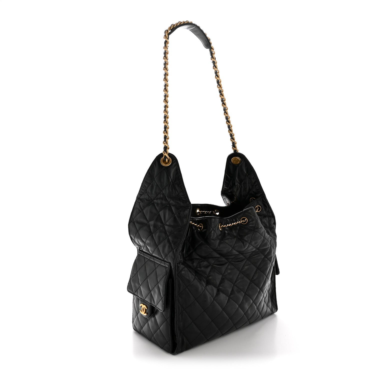 Chanel Shiny Crumpled Calfskin Quilted Medium Chanel 25 Handbag Black