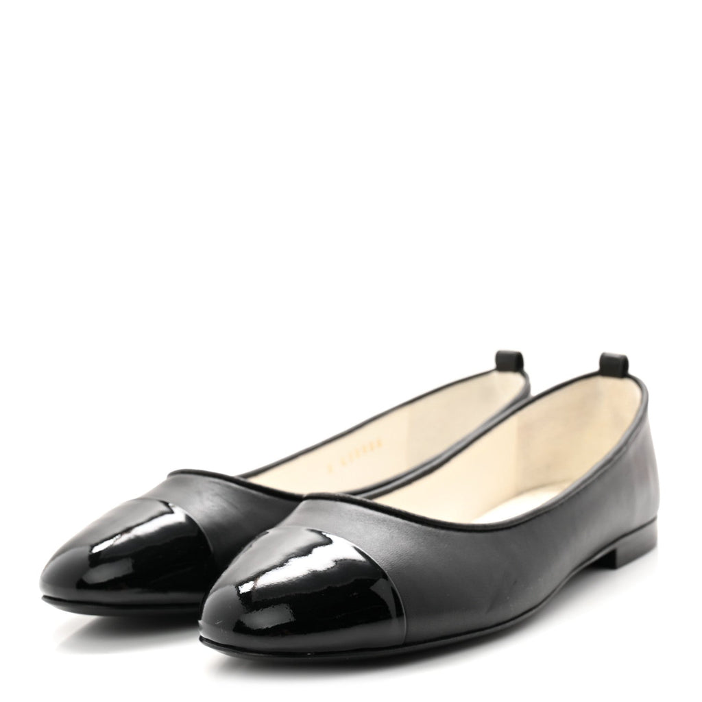 Lambskin Patent Calfskin Cap Toe Ankle Chain Ballerina Flats 39 Black