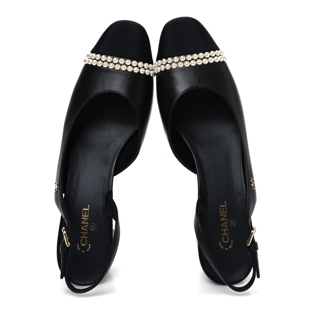 Lambskin Grosgrain Pearl Cap Toe CC Slingback Pumps 40.5 Black
