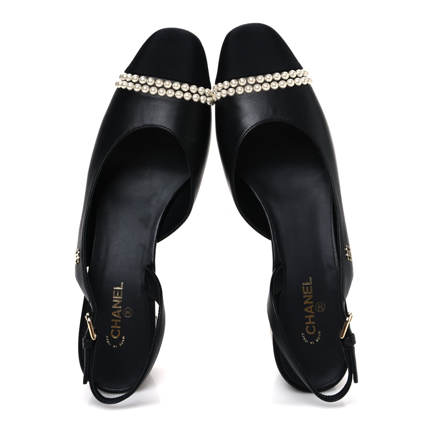 Lambskin Grosgrain Pearl Cap Toe CC Slingback Pumps 40.5 Black