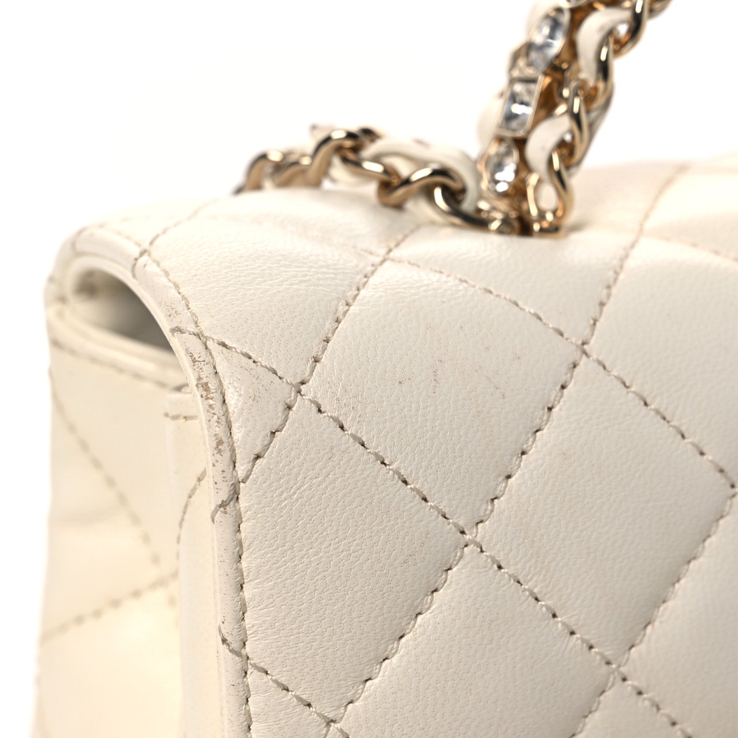 Chanel Lambskin Quilted Mini Crystal Top Handle Rectangular Flap White