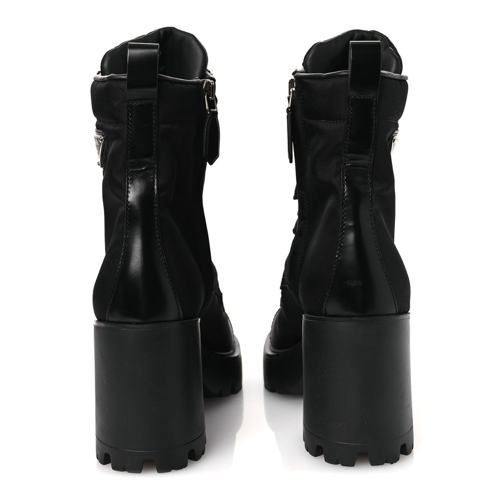 Prada Spazzolato Re-Nylon Metal Triangle Logo Lace Up 55mm Ankle Boots 38.5 Black