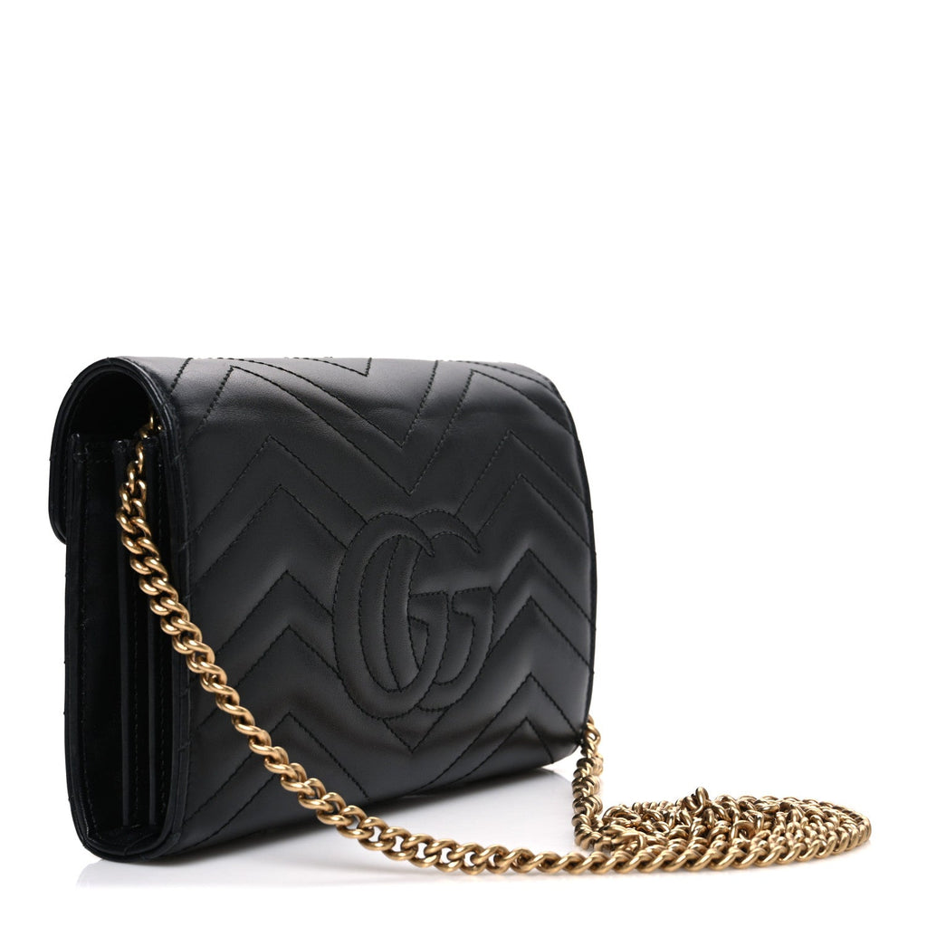 Gucci Calfskin Matelasse GG Marmont Chain Wallet Black