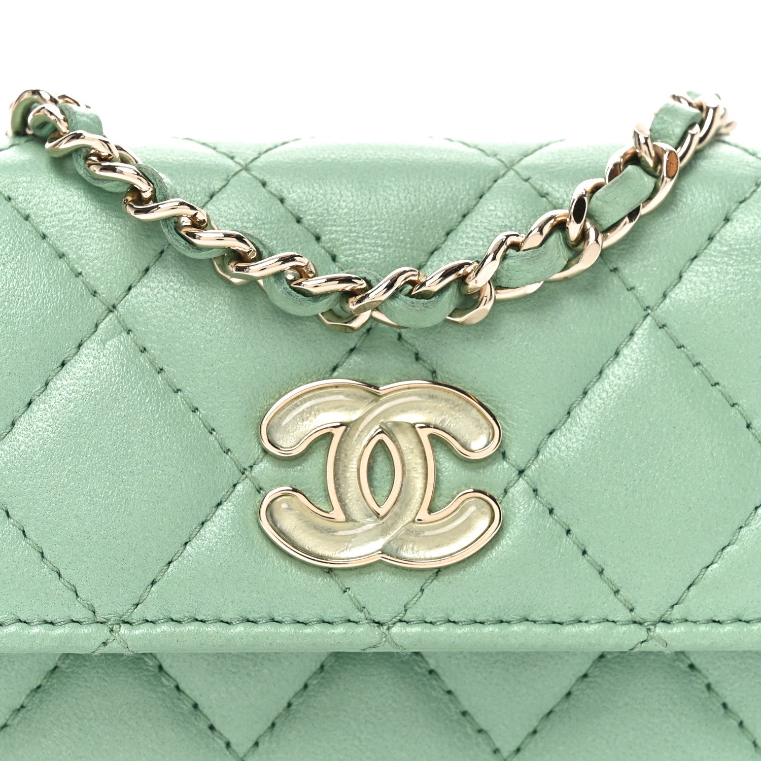 Chanel Lambskin Resin Quilted Mini Heart Flap Light Green