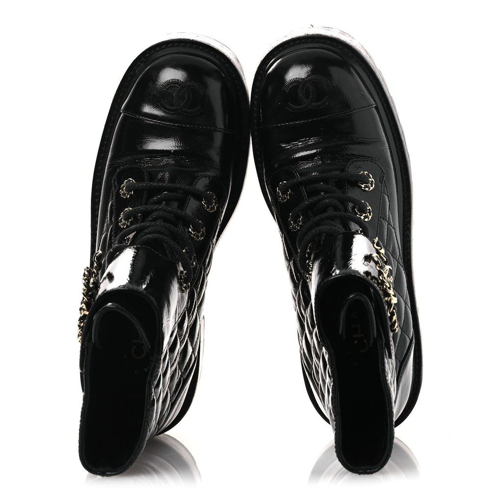 Chanel Shiny Calfskin Quilted Lace Up Combat Boots 37 Black