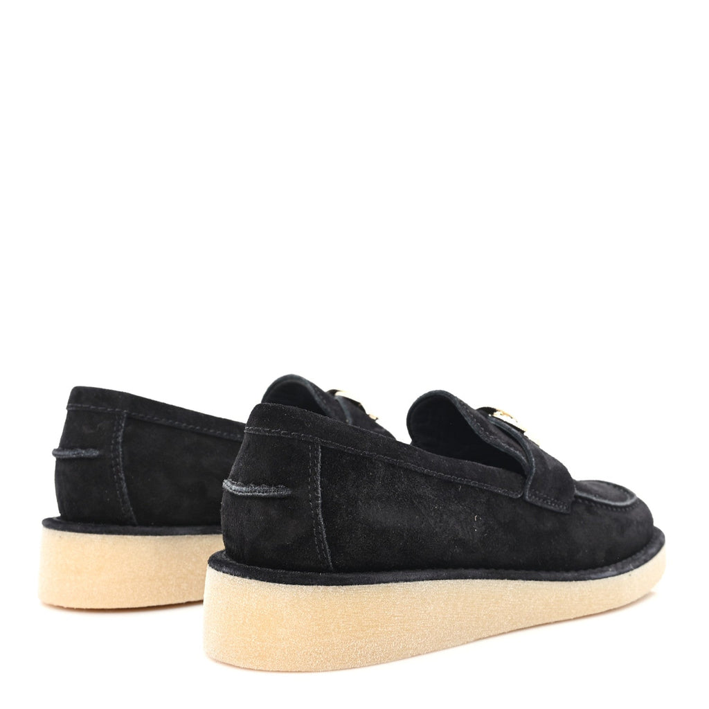 Chanel Suede Calfskin Pearl CC Moccasin Loafers 38.5 Black