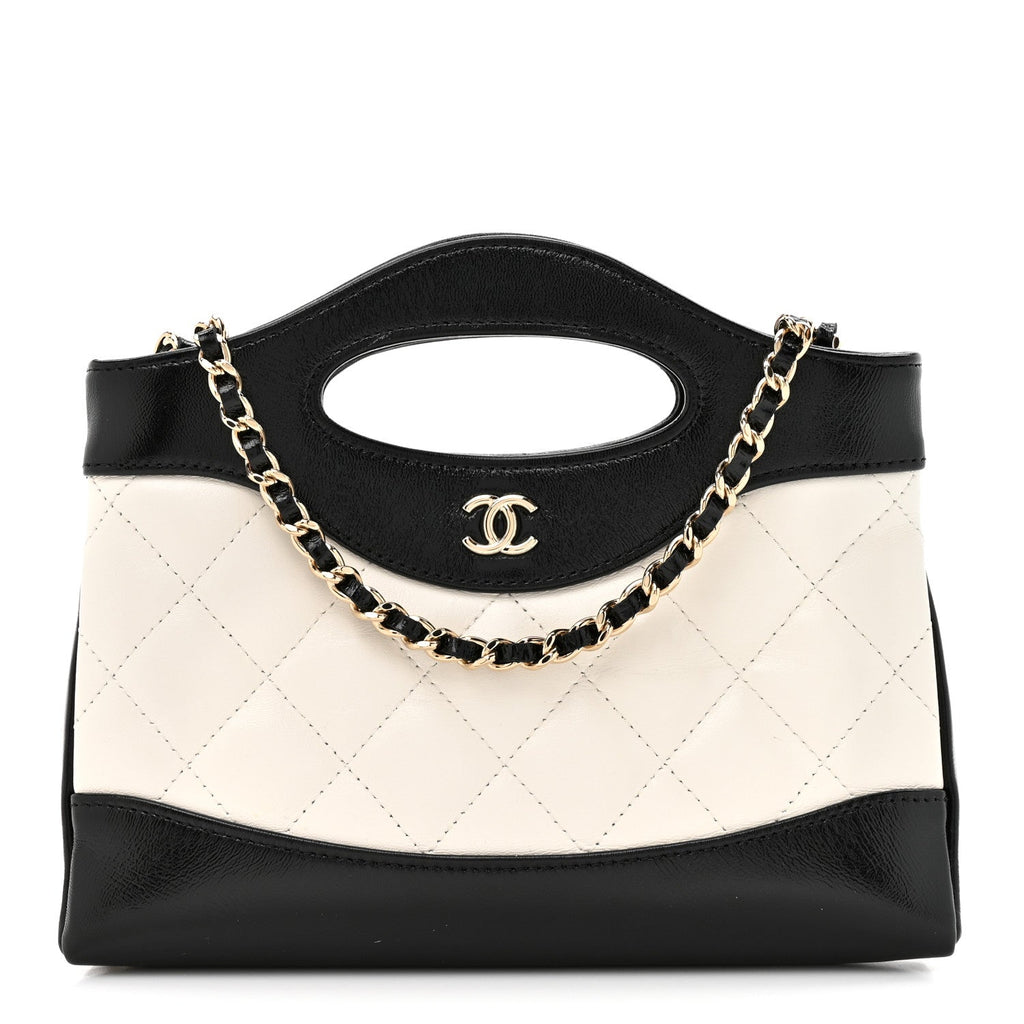 Chanel Shiny Crumpled Calfskin Quilted Nano 31 Shopping Bag White Black