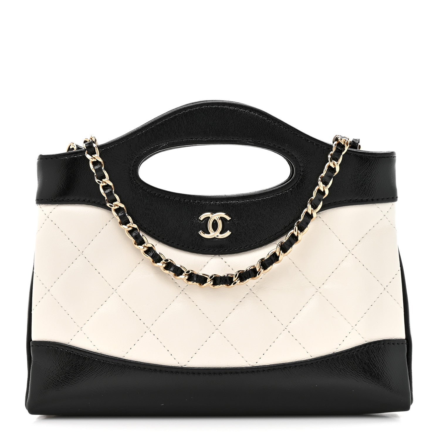 Chanel Shiny Crumpled Calfskin Quilted Nano 31 Shopping Bag White Black