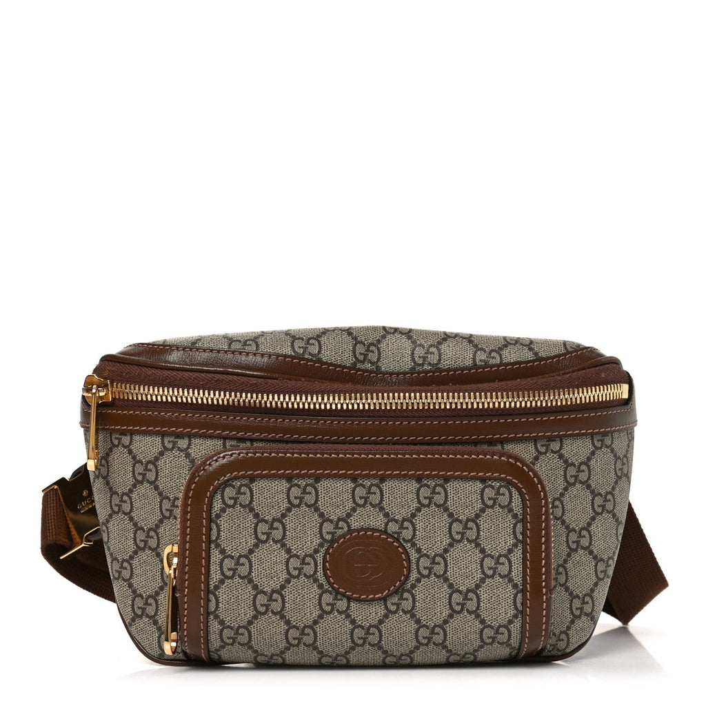 Gucci GG Supreme Monogram Textured Calfskin Retro Interlocking G Belt Bag Beige Ebony Brown Sugar