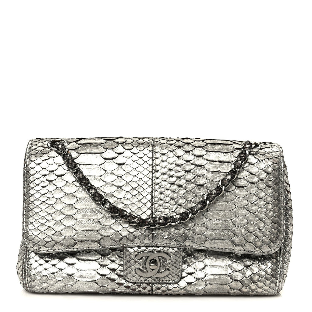Chanel Metallic Snakeskin Medium Single Flap Silver