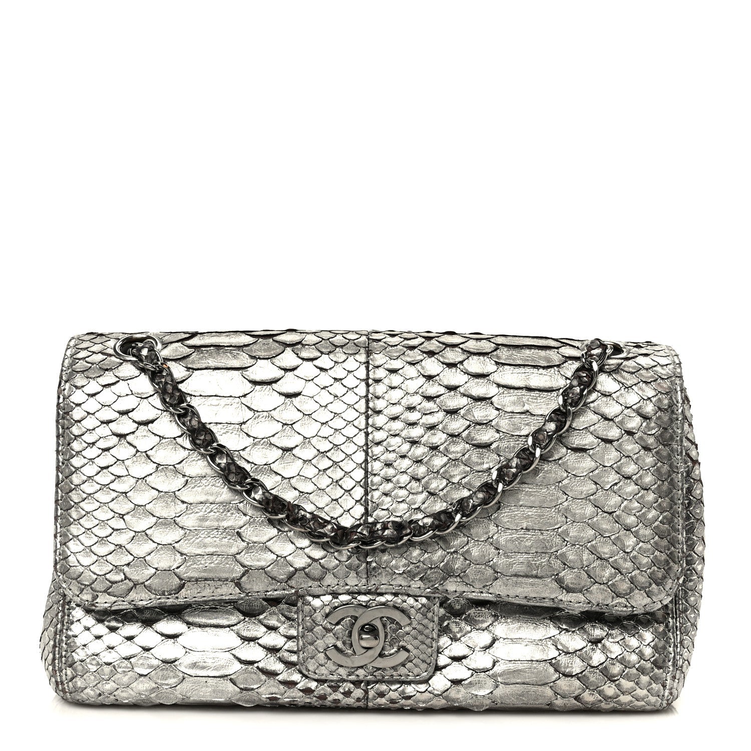 Chanel Metallic Snakeskin Medium Single Flap Silver