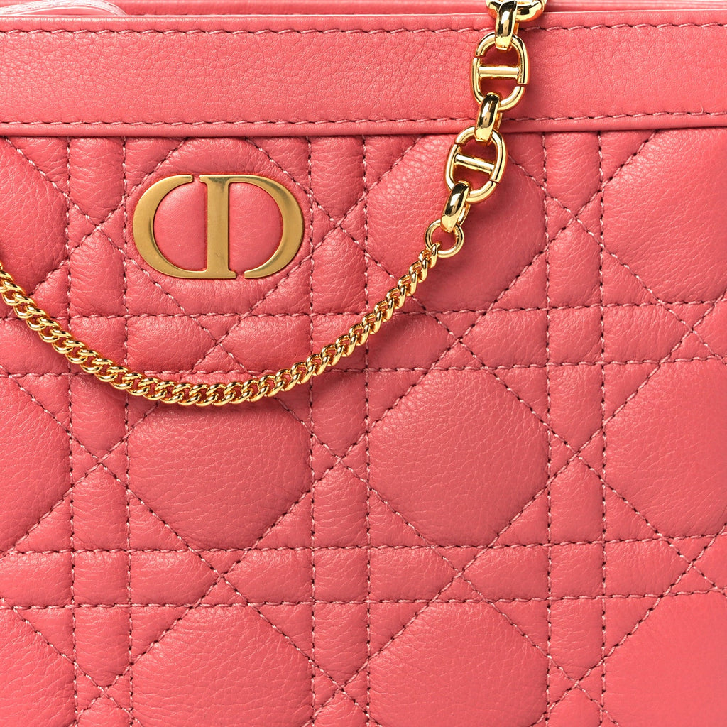 Christian Dior Calfskin Cannage Caro Zipped Pouch With Chain Coral Powder