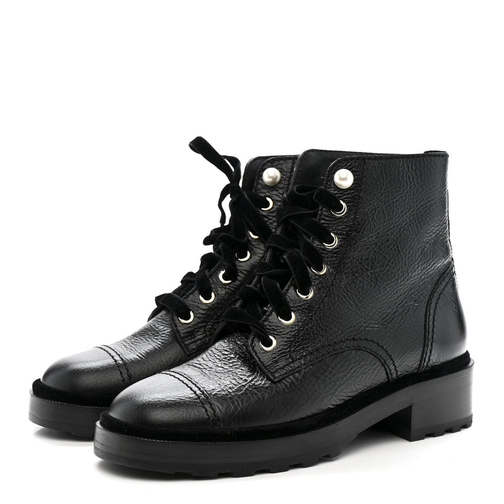 Chanel Shiny Calfskin Velvet Pearl Combat Short Boots 38 Black