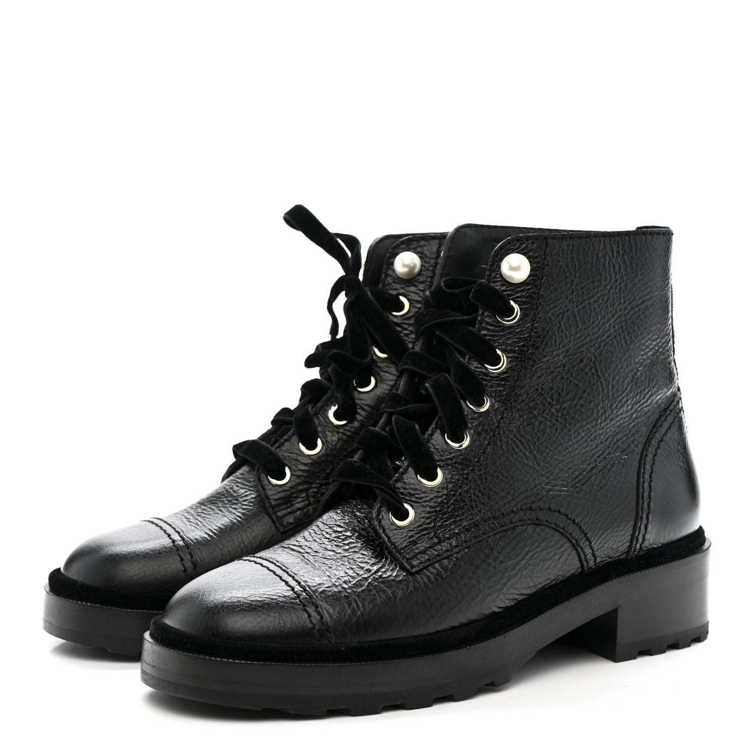 Chanel Shiny Calfskin Velvet Pearl Combat Short Boots 38 Black