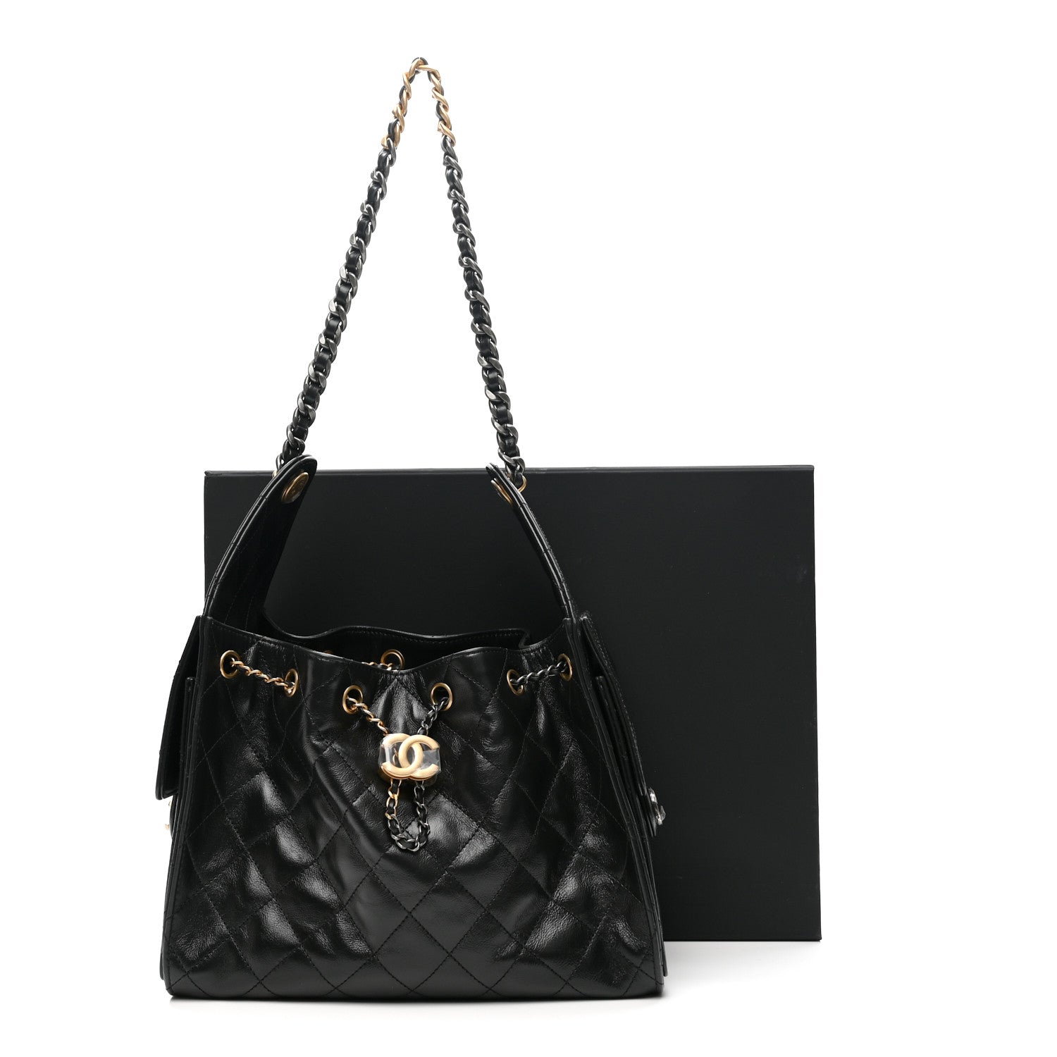 Chanel Shiny Crumpled Calfskin Quilted Small Chanel 25 Handbag Black
