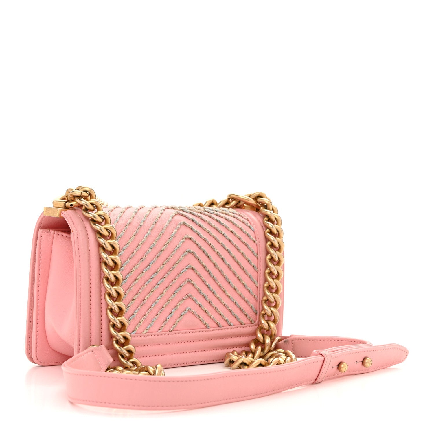 Chanel Calfskin Chevron Embroidered Small Boy By The Sea Flap Pink