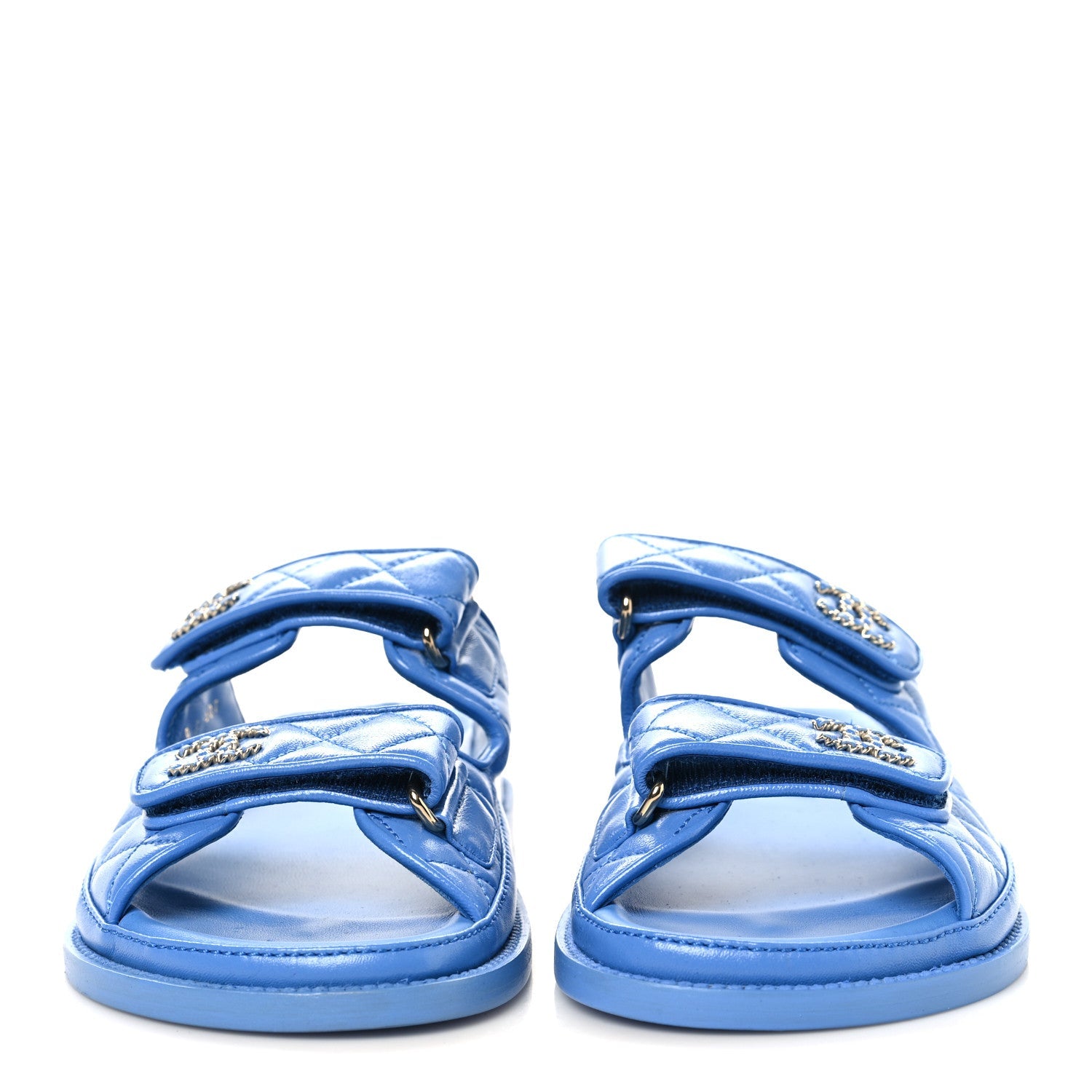 Lambskin Quilted Velcro Dad Chain CC Slide Sandals 37 Blue
