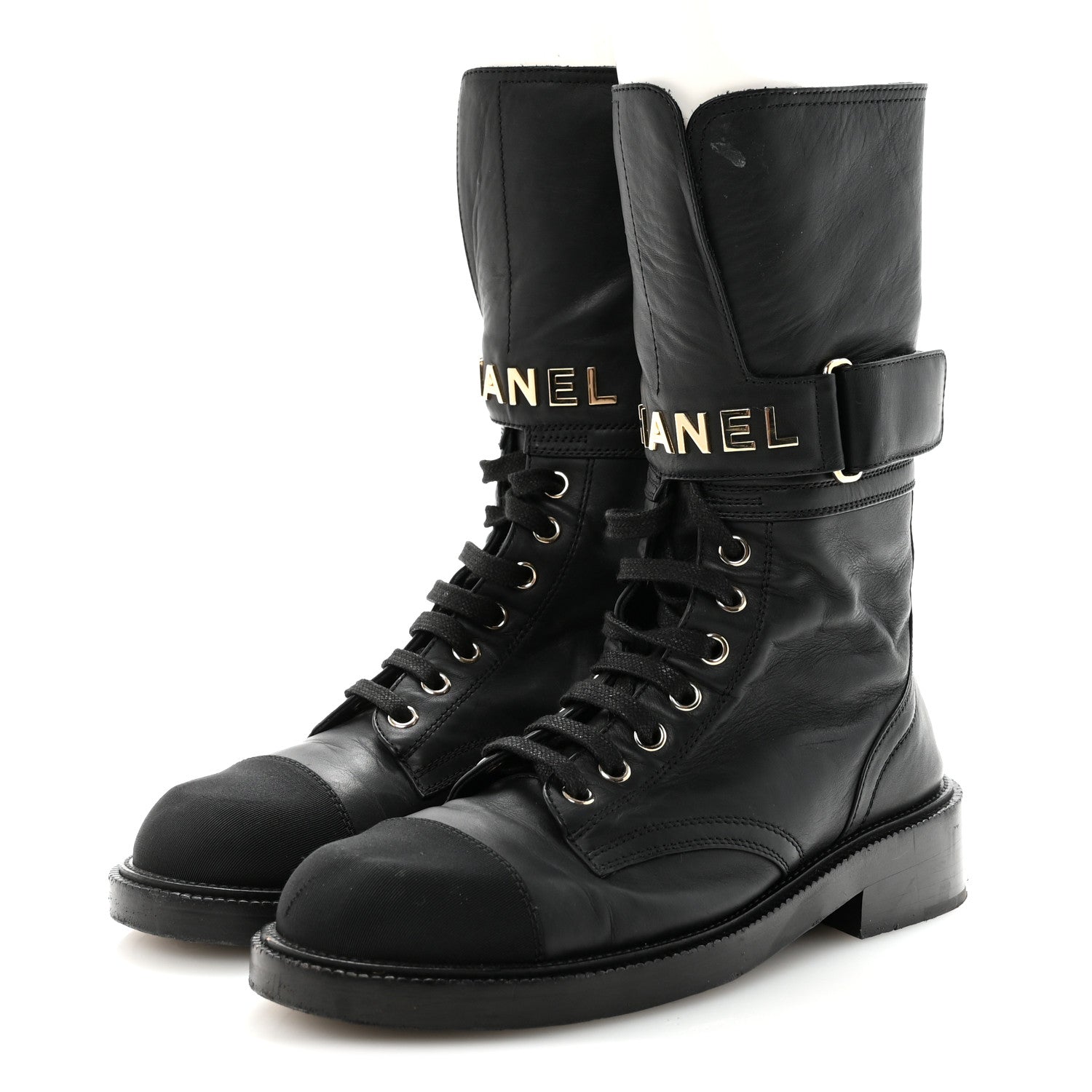 Chanel Shiny Calfskin Lace Up Combat Boots 37 Black