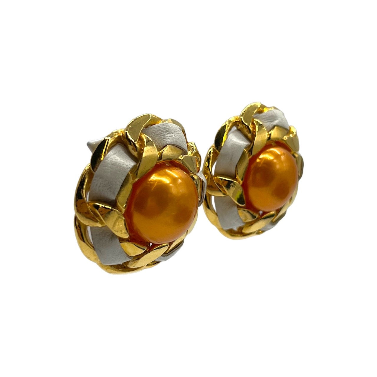 Vintage Chanel Orange Synthetic Pearl Leather & Chain Earrings