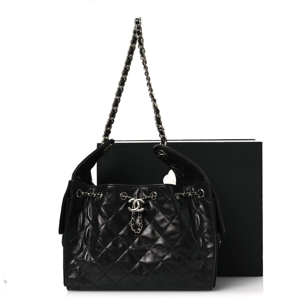 Chanel Shiny Crumpled Calfskin Quilted Small Chanel 25 Handbag Black