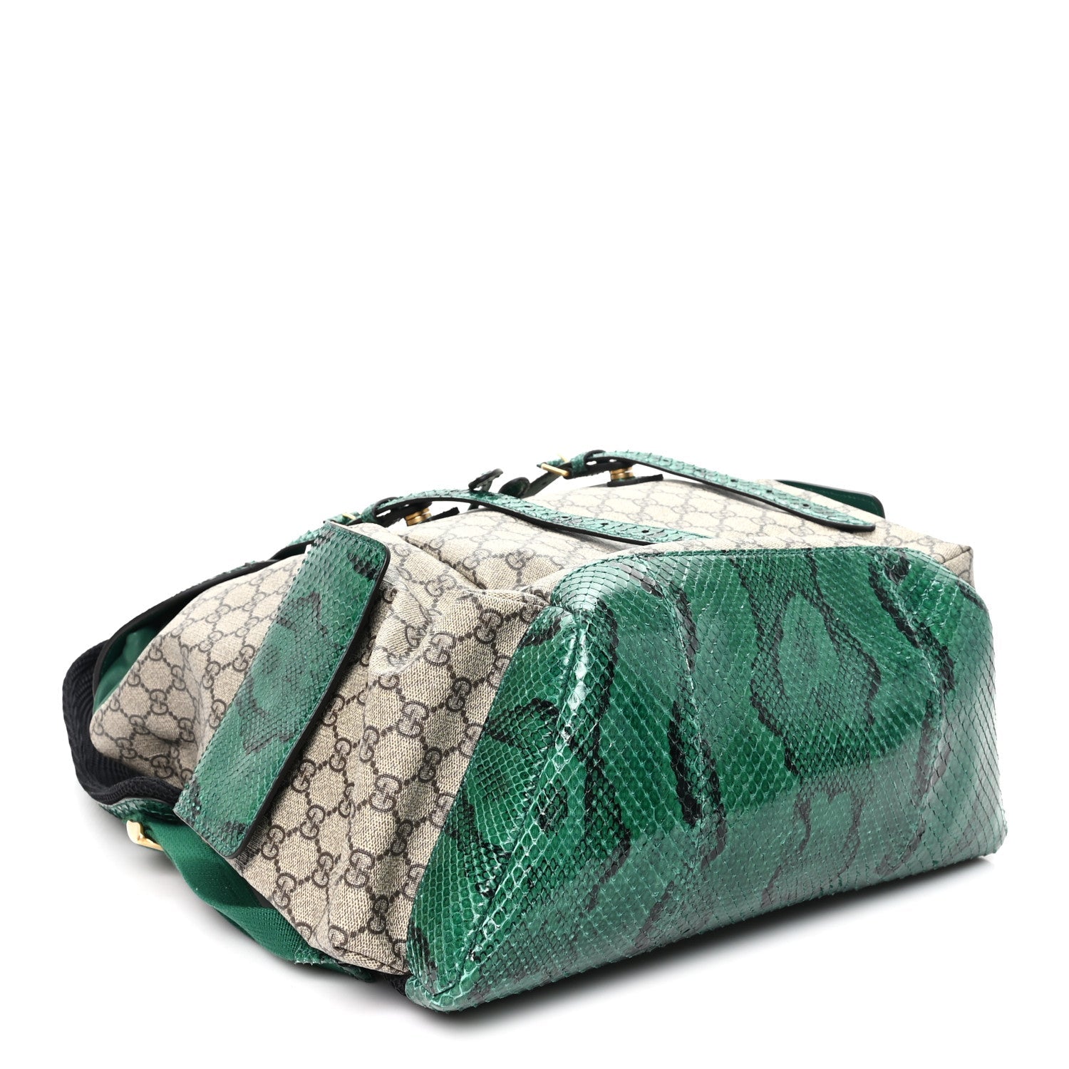 Gucci GG Supreme Monogram Snakeskin Ophidia Double Buckle Backpack Brown Green