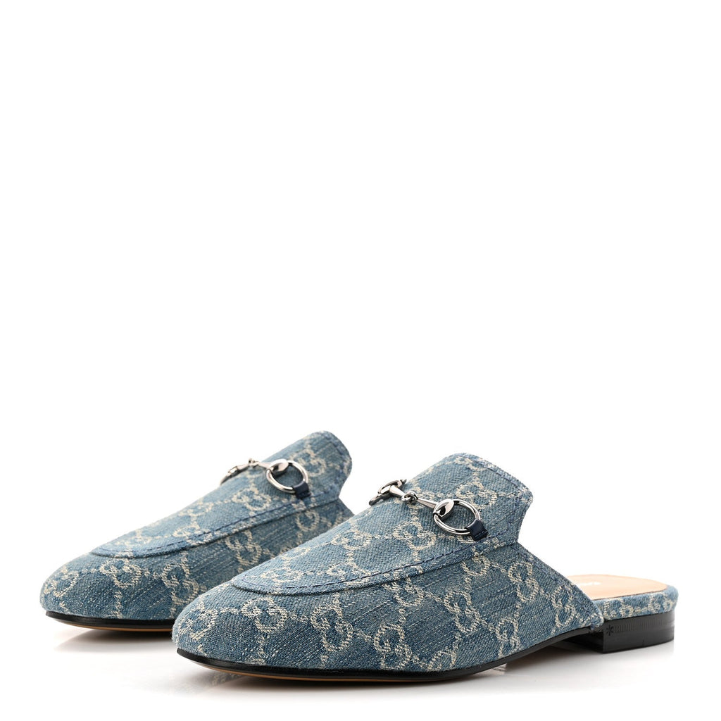 Gucci New Denim GG Malaga Kid Womens Princetown Slippers 37.5 Light Blue Royale