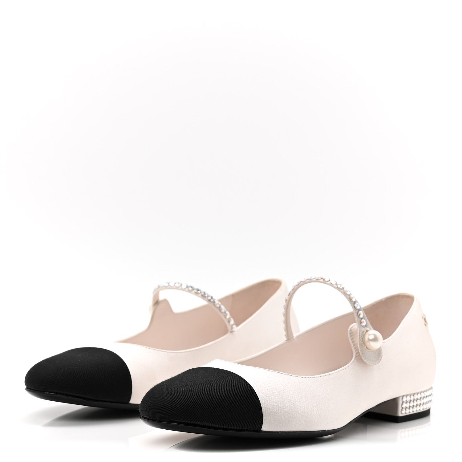 Chanel Strass Satin Grosgrain Mary Jane Flats 38 Ivory Black