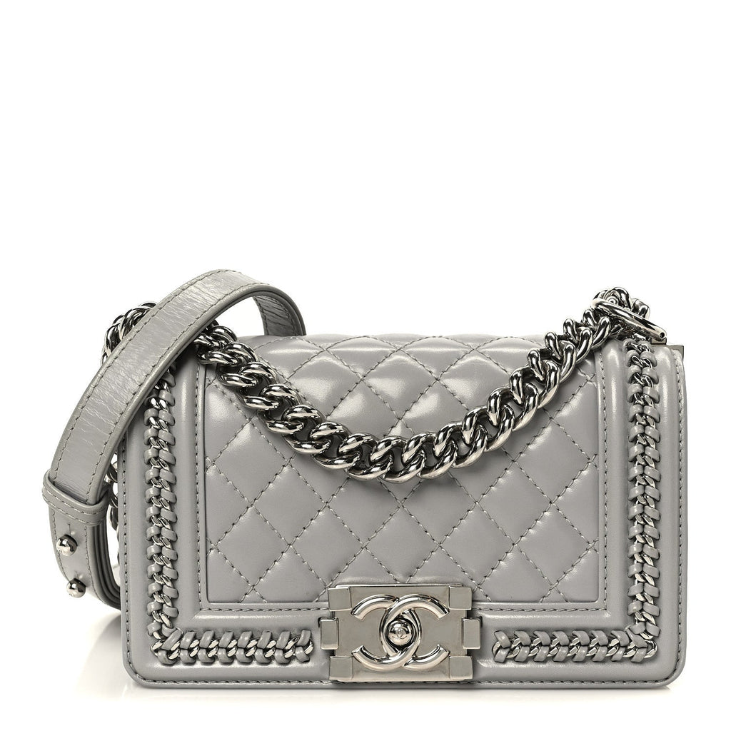 Chanel Iridescent Lambskin Quilted Small Chain Around Boy Flap Grey